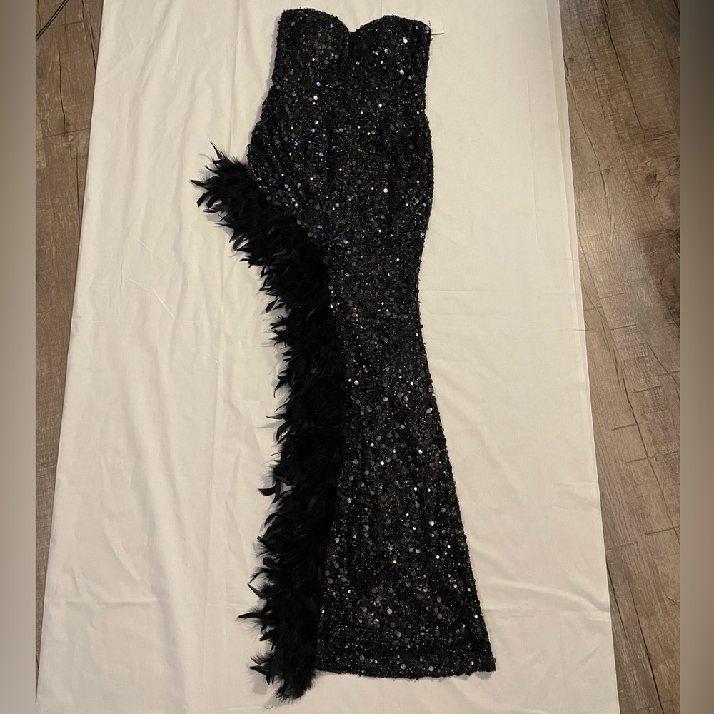 Black Strapless Sequin Feather Gown